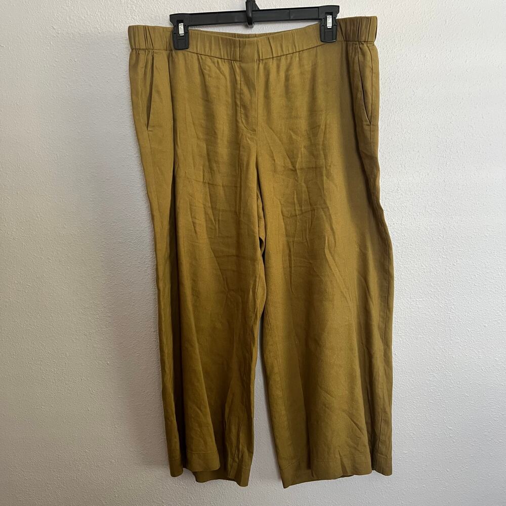 J.Jill Wide Leg Crop Pants Olive Green Linen Side Pockets Pull On Sz L Women's